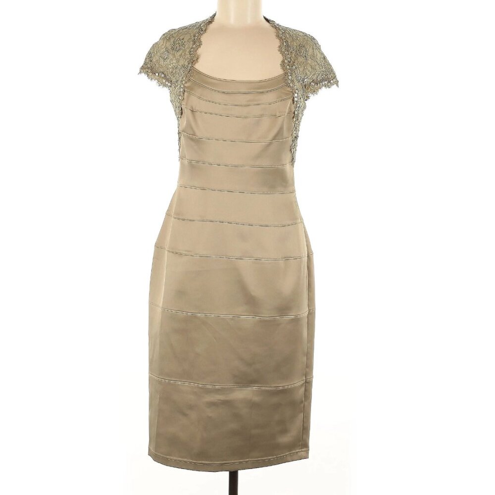 Tadashi Shoji Champagne Embellished Lace Sequin Sheath Formal Cocktail Dress